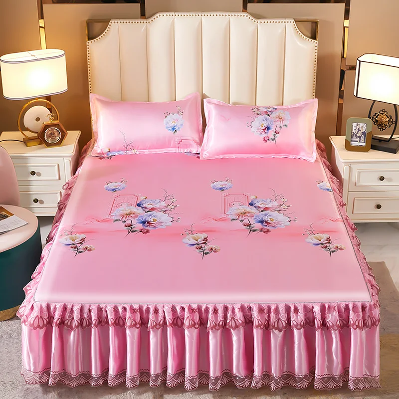 

Элегантные юбки для кровати с цветочным рисунком и оборками, 3 шт., чехол для односпальной, двуспальной, большой размер, летнее охлаждающее постельное белье, защита матраса с принтом для спальни