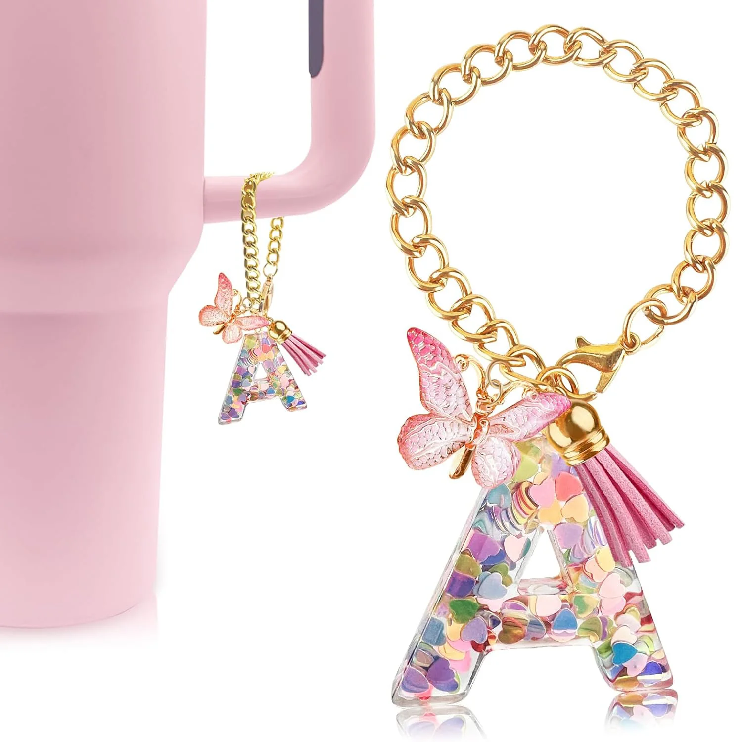 Accesorios con dije de letra para vaso con asa, bonito llavero con letra inicial A, asa con mariposa para taza Stanley