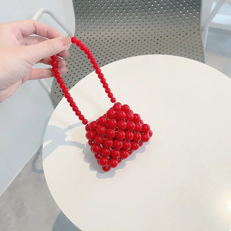 New Cute Ins Handmade DIY Woven Women\'s Bag Colorful Beads Diagonal Crossbody Small Bags Crystal Pearl Lipstick Ladies Handbag