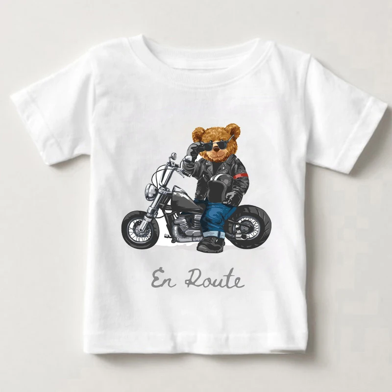 T-shirt blanc imprimé ours drôle pour enfants, vêtements Y2K pour garçons et filles, moto, voiture, Harajuku, Kawaii, drôle, bébé, été