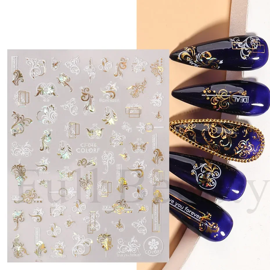 Gold Leaves 3D Nail Stickers Decals Foil Summer Spring Liner Geometric Flower Nail Tattoo Polish Sliders Manicure JICJ046-054