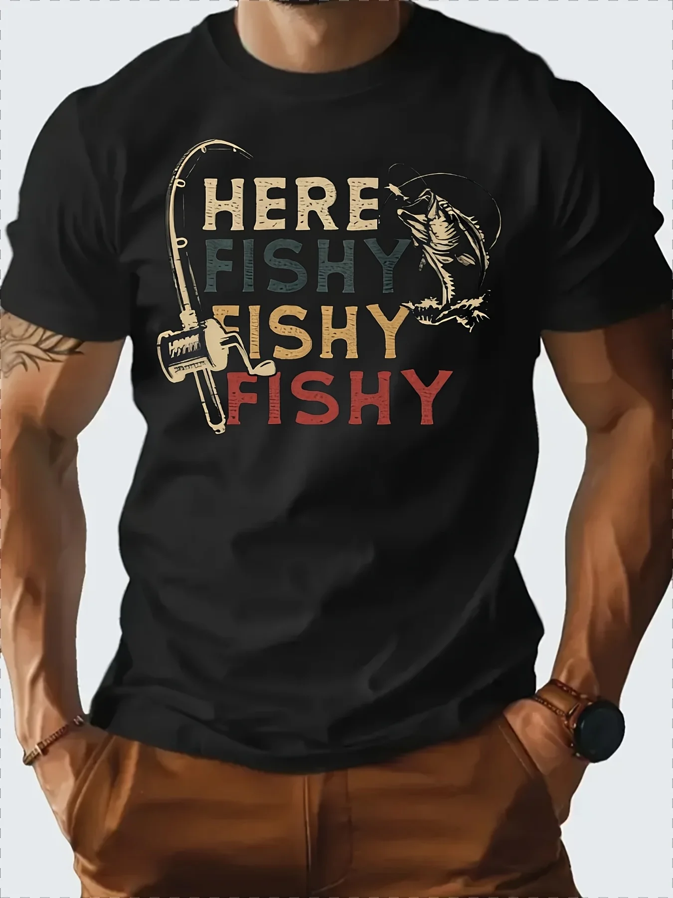Men's Retro Fishing Pattern T-Shirt - Features Fish Print, Round Neck, Lightweight and Breathable, Regular Fit, Suitable for Summer Outdoor Activities and Casual Wear, Casual Outdoor Shirt, Retro Fishing Design