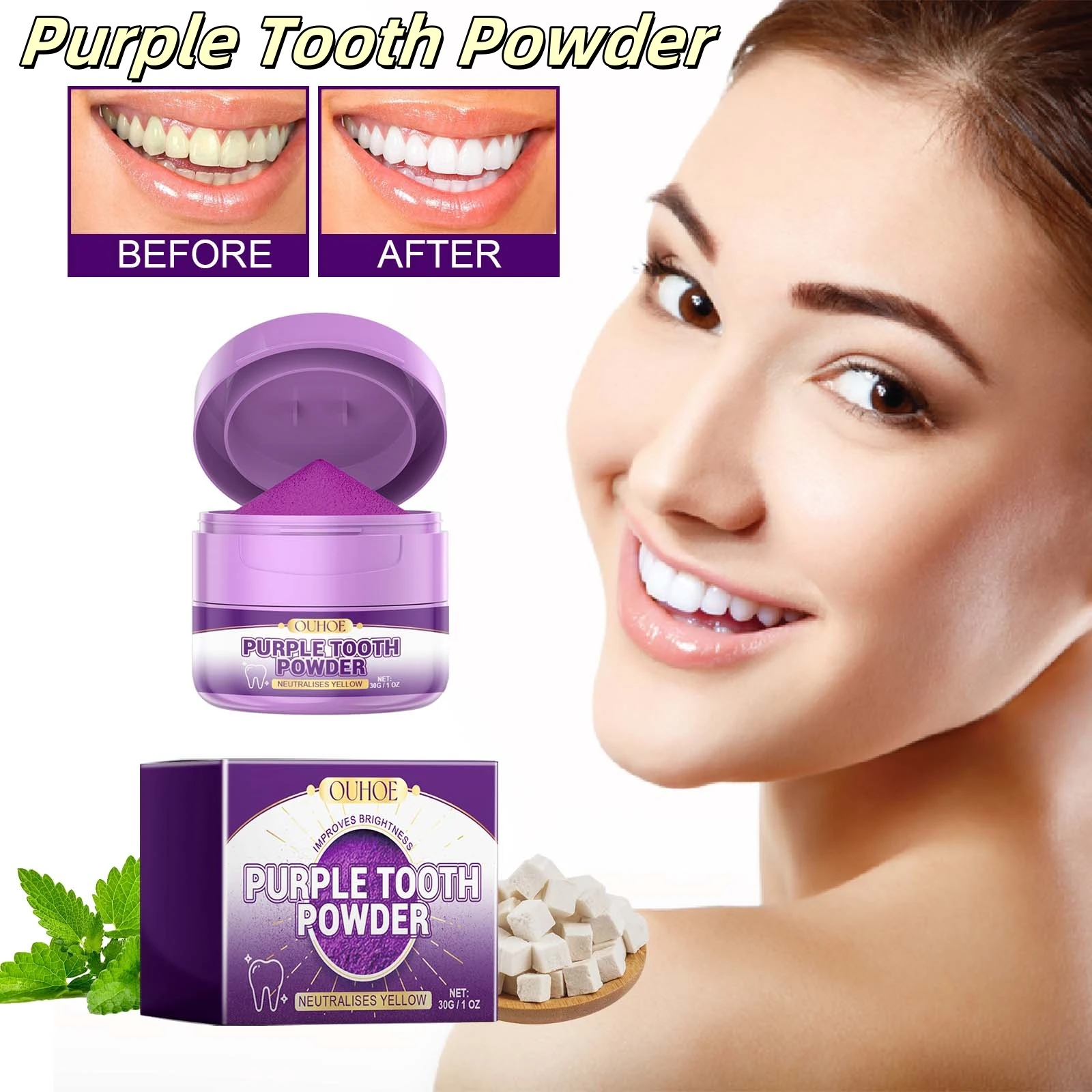 Teeth Whitening Powder Supports Tooth Color Correction Eliminates Yellow Teeth Freshens Breath Teeth Remineralization Powder