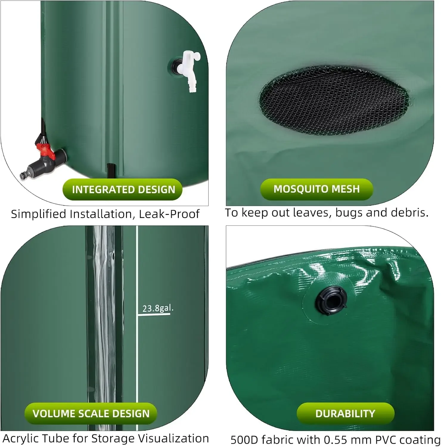 Rain Barrel Water Collection System 53 Gallon - Collapsible Portable Water Storage Tank,w/ Filter Two Spigots & Overflow Kit