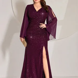 2024 حجم كبير من الشيفون كم طويل فستان بأكمام طويلة على شكل V طول الأرض مترتر متلألئ حجم كبير احتفالي للوطن وصيفة الشرف فاخرة 4XL 5XL 2024 أعلى 6 فساتين وصيفة الشرف مبيعا بحجم كبير - رقم 5