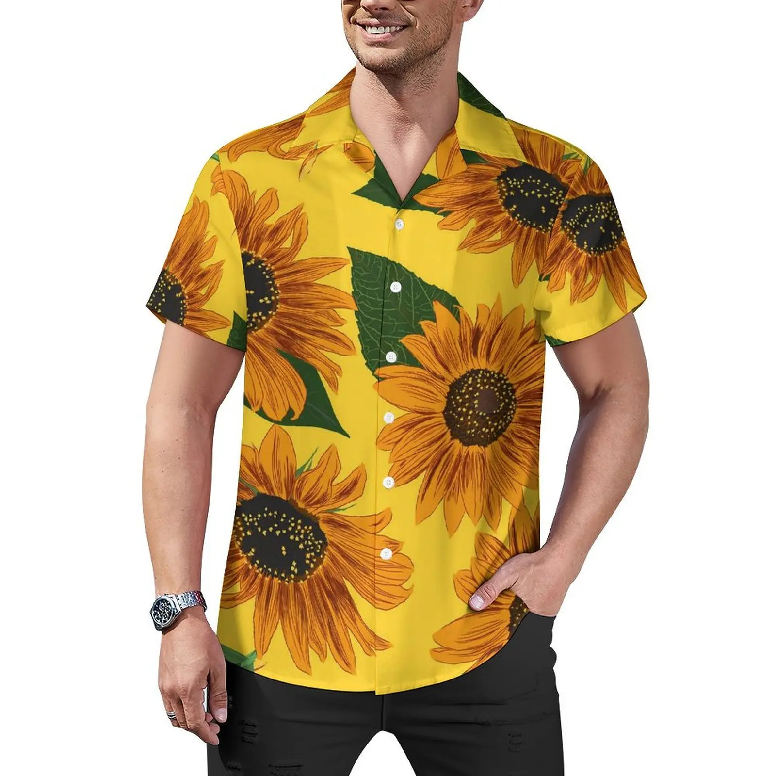 

Sunflower Print Vacation Shirt Leaves and Flowers Summer Casual Shirts Mens Trendy Blouses Short Sleeves Fashion Design Clothing