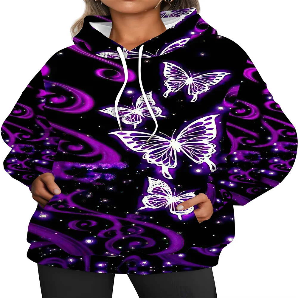 Women's Butterfly Print Hoodie Casual Long Sleeved Hooded Sweatshirt With Drawstring Loose Fit Oversized Suitable For Daily Wear