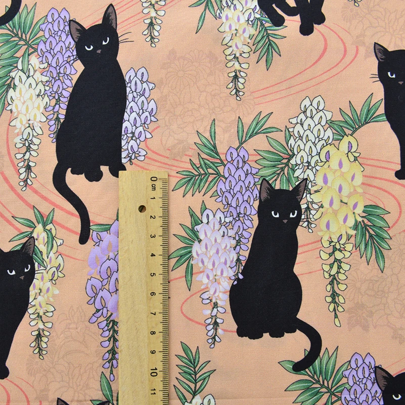 Stretch Poplin Cotton Fabric 50S Black Cat Printed for Sewing Clothes DIY Handmade by Half Meter