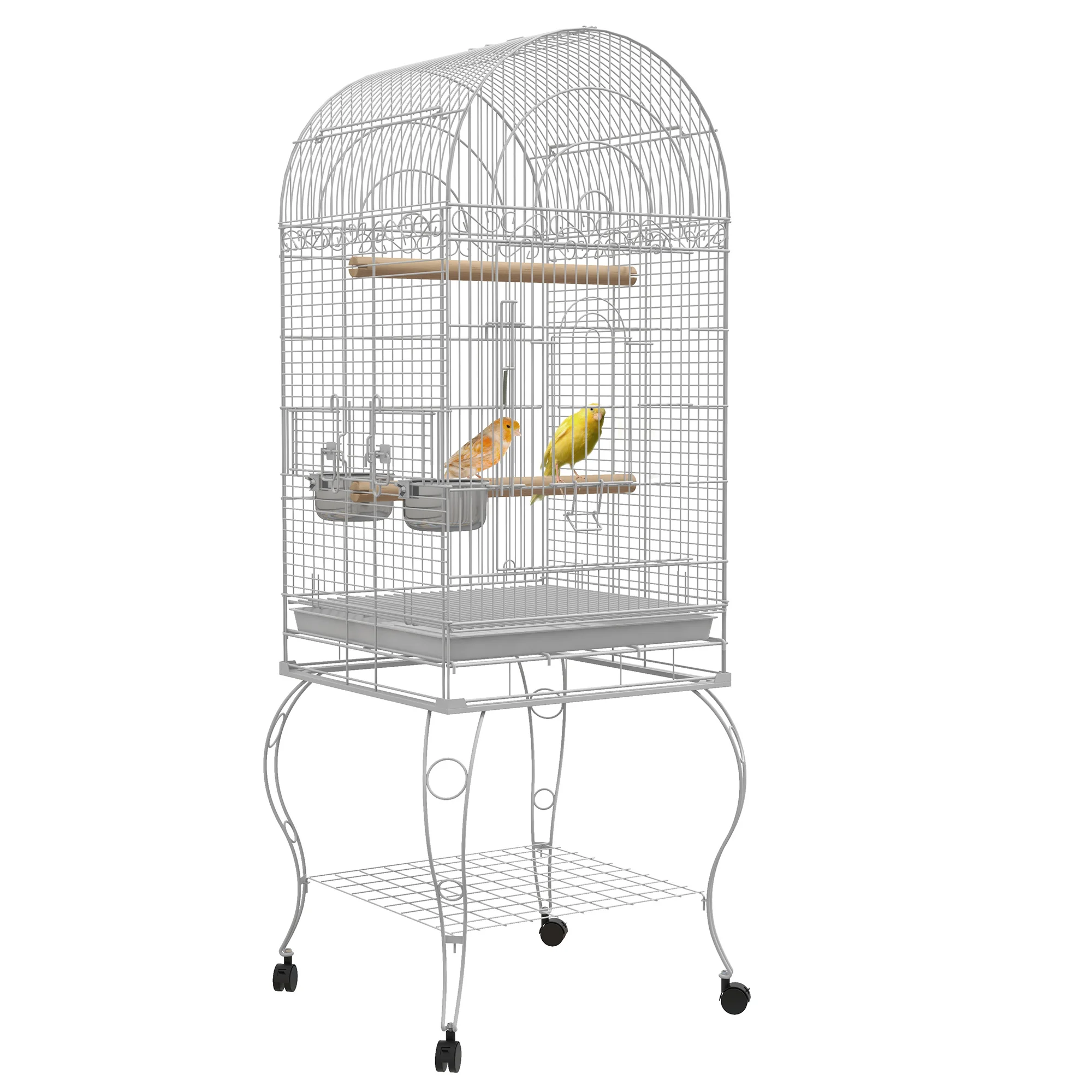 PawHut Birdcage with wheels outer Birdcage with tray removable Grid 2 bowls stainless steel rack and hanger for Canary parakeets 51x51x153 cm White