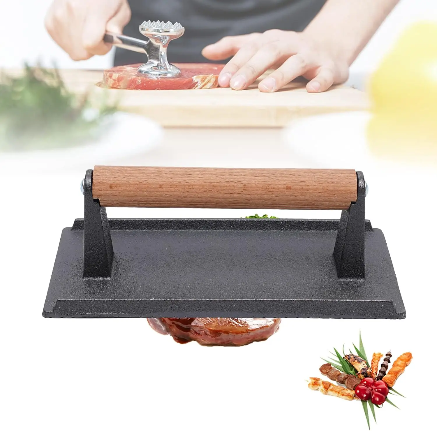 

Steak Press 21 * 10.5cm Cast Iron Grill Burger Press Rectangle Steak Meat Bacon Press Kitchen Craft Heavy Cast Flat Steak Burger
