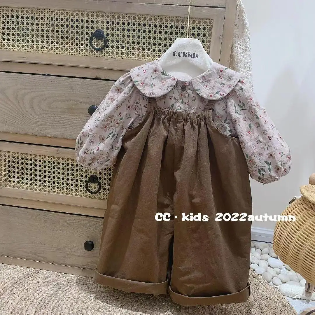 Girls Children Sets New Spring Autumn Two Piece Set Girl Baby Korea Strap Pants Fragmented Flowers Shirt Vintage Stripe