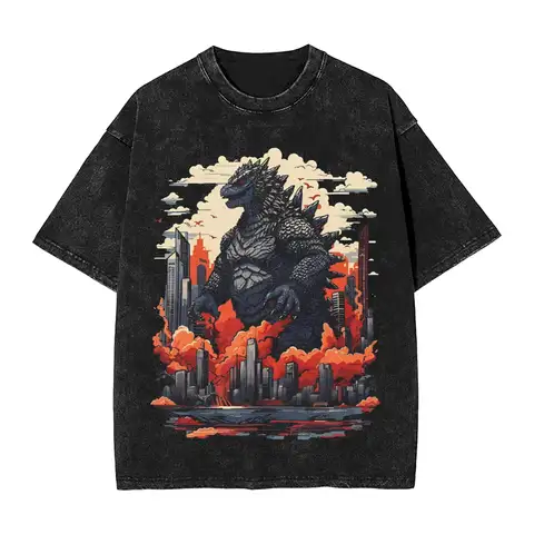 Printed Godzillaed Japanese Anime Vintage Washed T-Shirt Unisex Cotton Short Sleeve Great Wave Round Neck Summer TopsTops