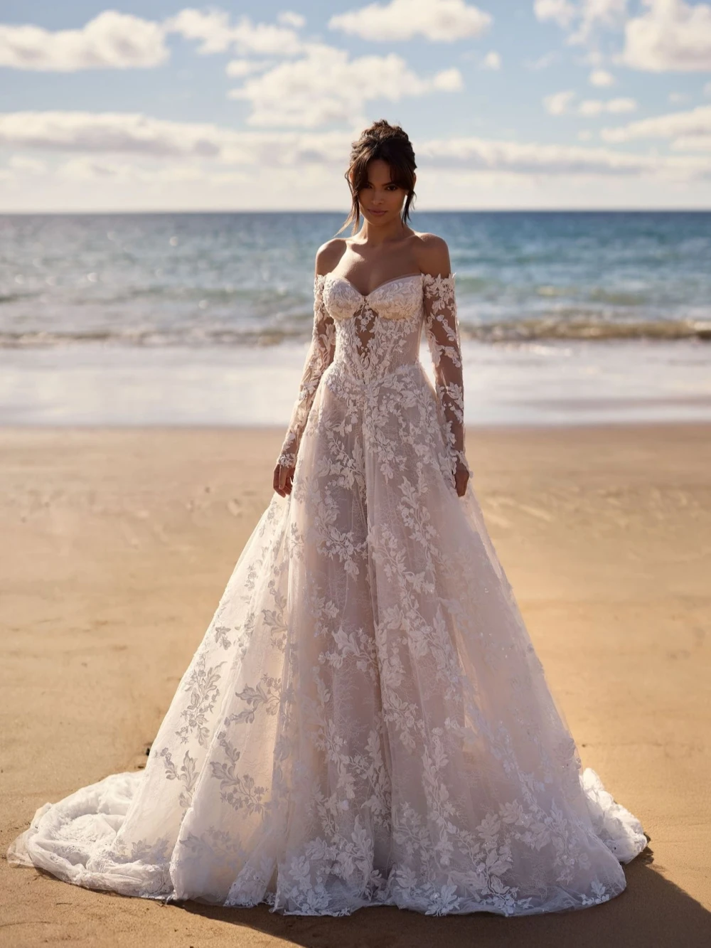 Apliques de encaje con lentejuelas, vestido de novia largo acampanado, vestido de novia con hombros descubiertos de ensueño, vestidos personalizados con cuello en forma de corazón para novia