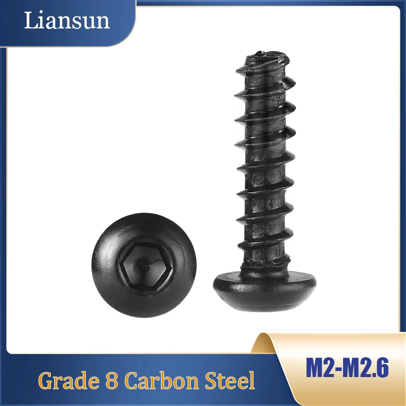 

8 Grade Black Flat Tail Hex Socket Self-Tapping Screws – Button Head, Sizes M2-M2.6 for Furniture & Wood Panel Fixing