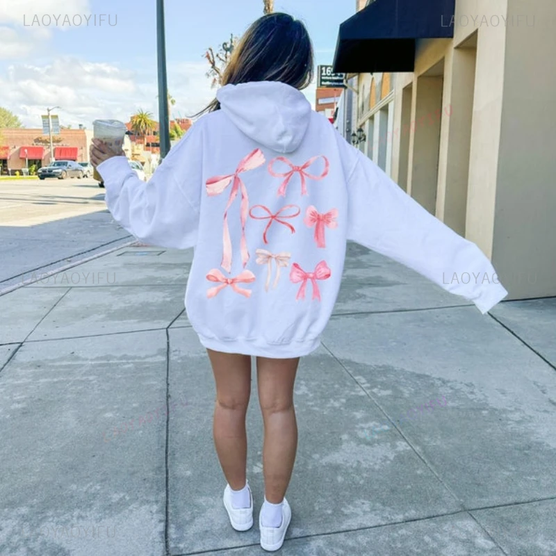 Pink Bow Woman Wine Red Hoodie Creative Girly Pink Ribbon Bow Pullover Girlfriend Autumn Winter Warm Drop Shoulder Long Sleeve