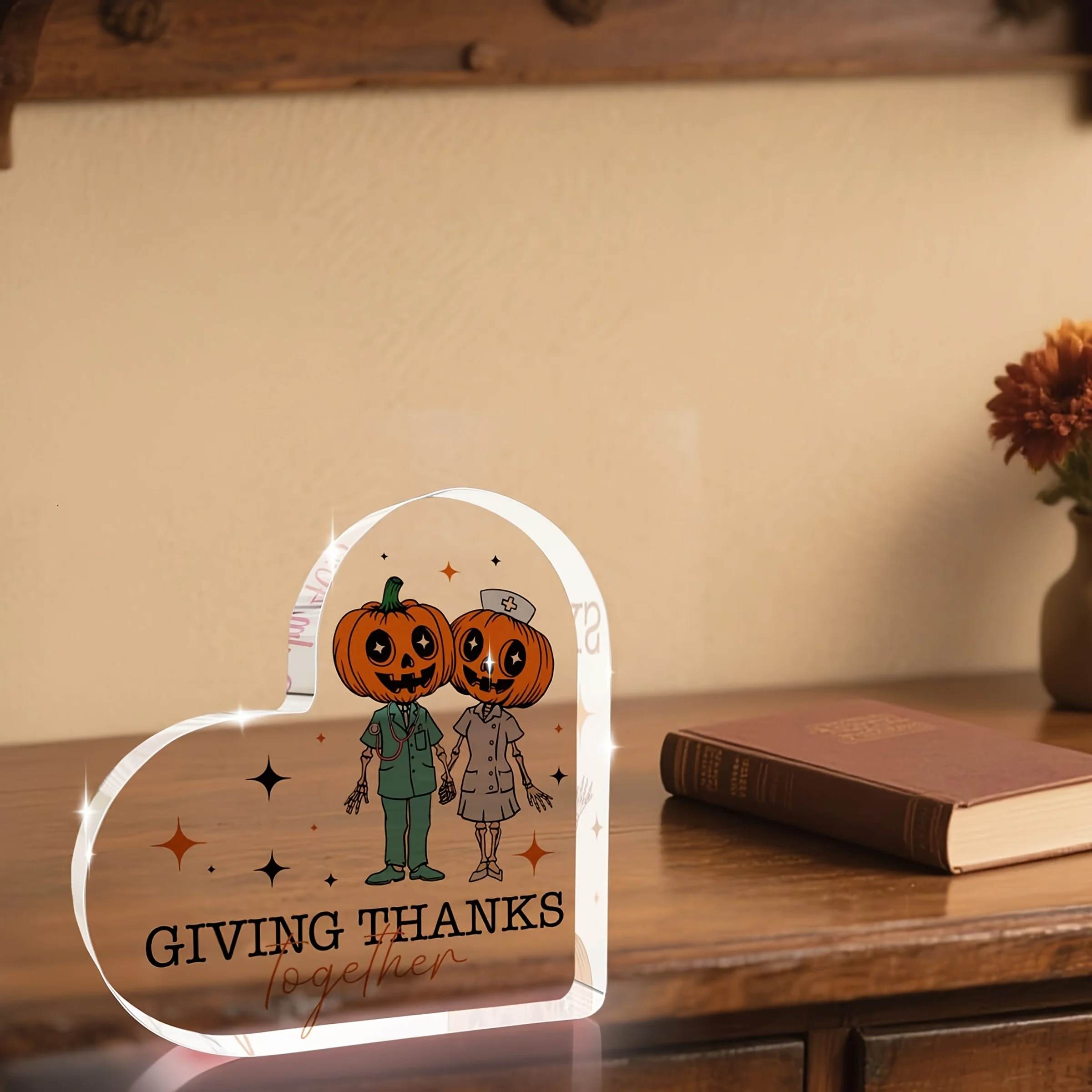 Pumpkin Head Doctor Nurse Skeleton Heart‑Shaped Acrylic Plaque, Thanksgiving Halloween Desktop Tabletop Decor