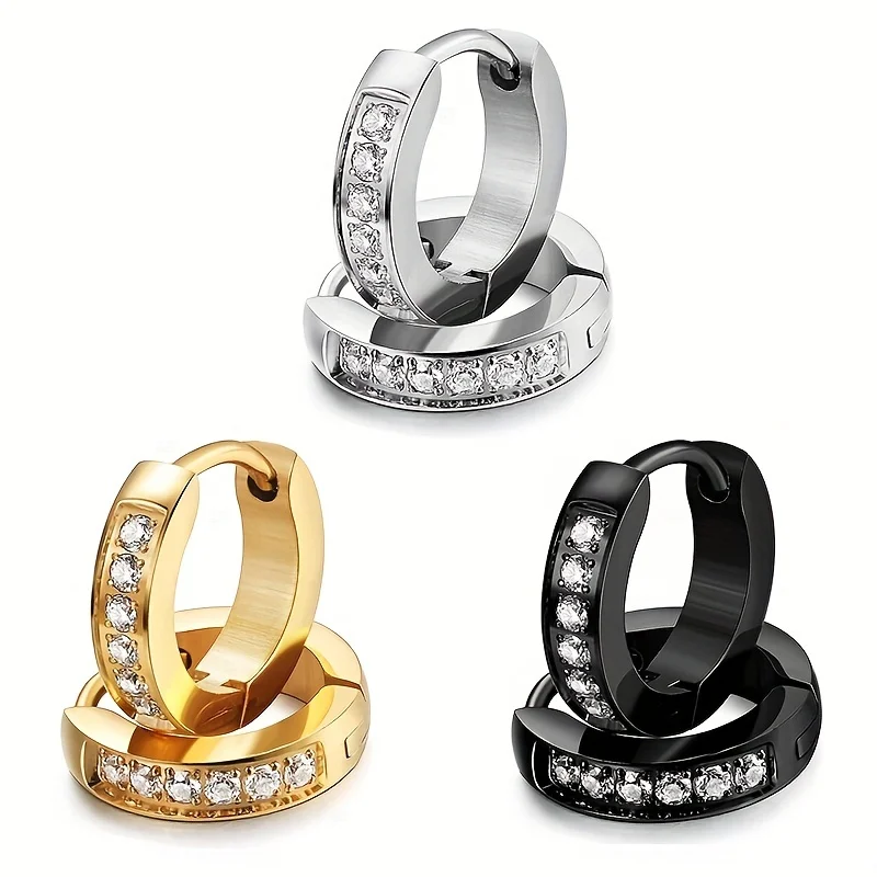 2pcs Unisex Punk Fashion Stainless Steel Hoop Earrings with Sparkling Cubic Zirconia Closure For Men Women Daily Wear Jewelry