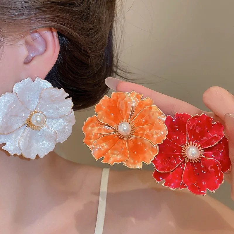 Minar Exaggerated Red Orange White Enamel Simulated Pearl Flower Petal Drop Earrings for Women Gold Plated Iron Alloy Jewelry