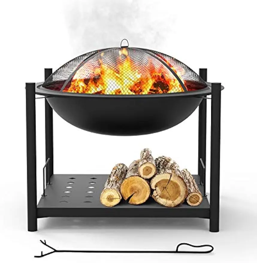 Portable Outdoor Wood Fire Pit - 2-in-1 Steel BBQ Grill 26