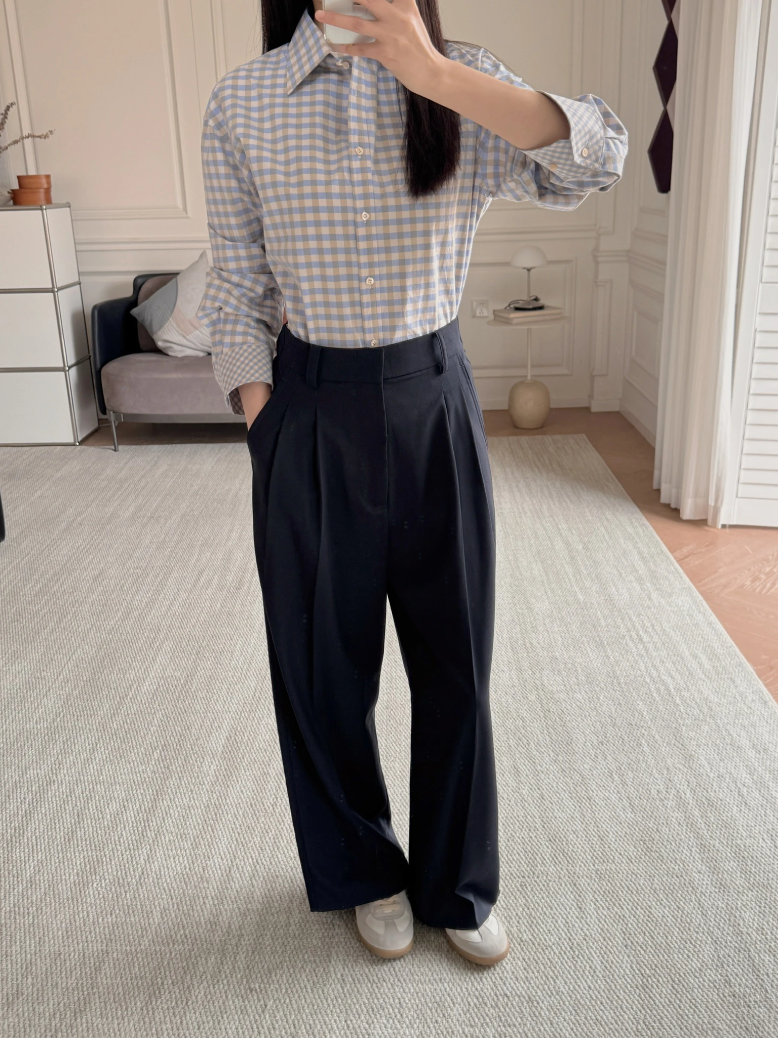 

High Waist Wide Leg Woolen Shirt And Pants Set with Blue And Yellow Plaid Long Sleeve Fashionable Women's Spring Outfit