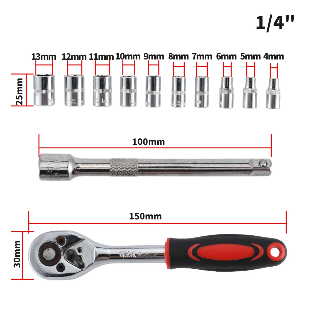 12pcs Ratchet Wrench Socket Set Quick-release Reversible Drive Handle CR-V Chrome Vanadium Steel Repair 1/4 Connector