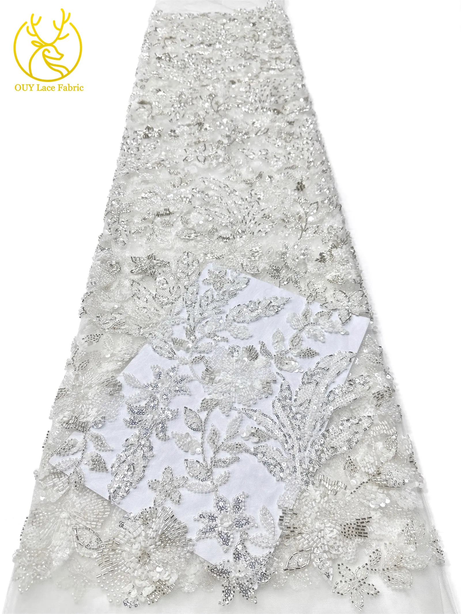 Modischer nigerianischer bestickter Perlen-Spitzenstoff, eleganter afrikanischer Pailletten-Netzstoff für Brautkleider und Partykleider zum Nähen – Detail 11