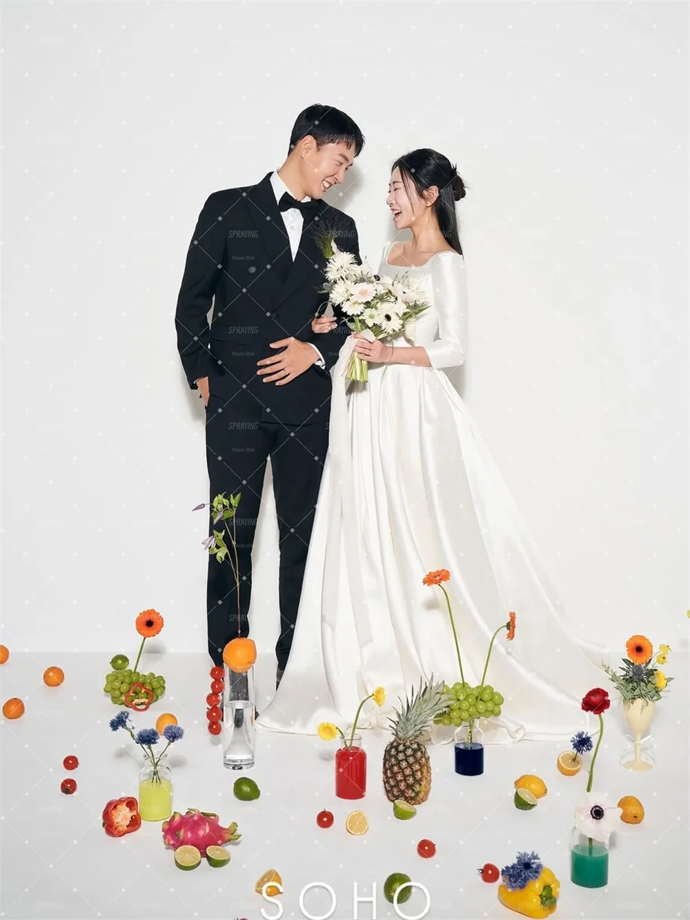 SPRAYING Marfim Cetim Longo Vestido de Noiva Coreia Sessão de Fotos Gola Quadrada Mangas Compridas Vestidos de Noiva Espartilho Personalizado nnetzo