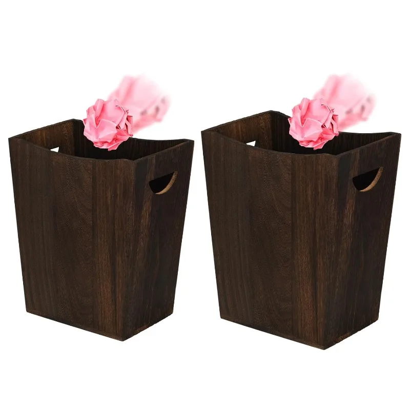 2 Pack Trash Bin Wooden Waste Basket Office Trash Bedroom Decorative Wood Bathroom Accessories Near Bedroom Living Room Kitchen