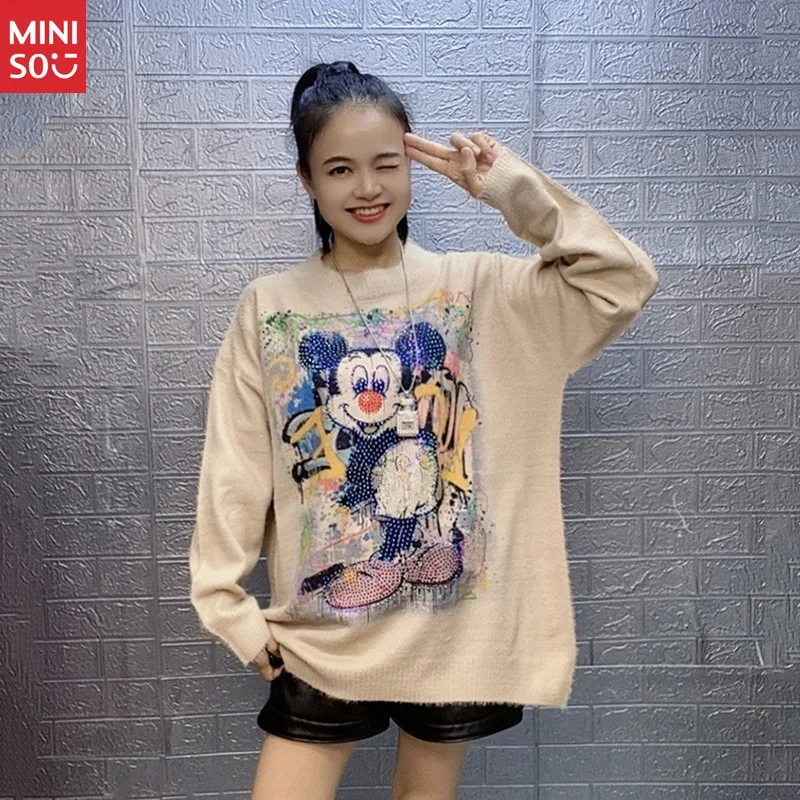 

Disney Trendy Brand Heavy Industry Mickey Print Sweater - Women's 2025 Autumn Winter Plus Size Mink Cashmere Thickened Knit Top