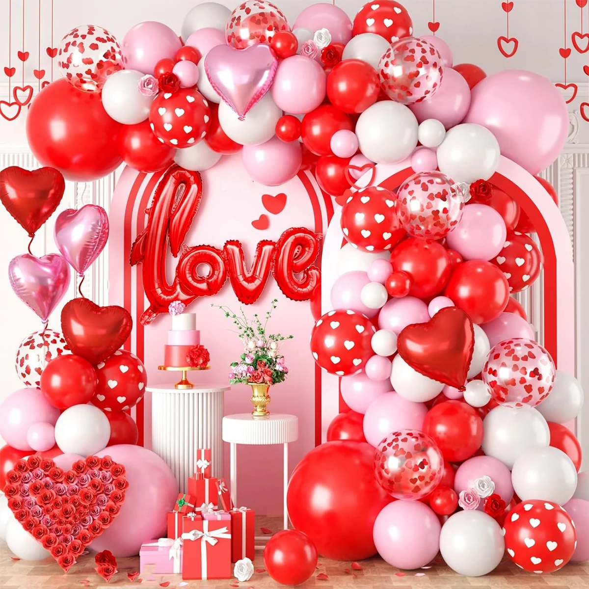 Rot-weißes und rosa Ballon-Set mit Aluminiumfolie lieben herzförmigen Ballons und Konfetti-Ballons, die zum Valentinstag geeignet sind