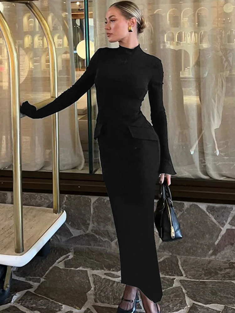 Trendix Slim Elegant Evening Dress Femme Autumn Fashion Pocket Patchwork Long Sleeve Slit Maxi Dresses Women Party Vintage Dress