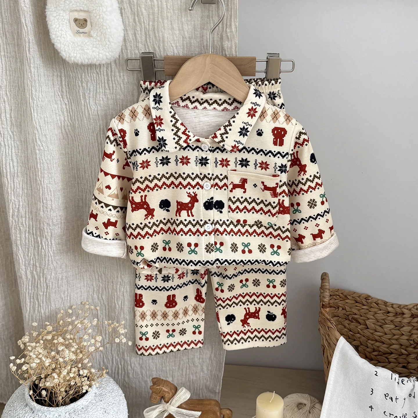 2PCS/Set Child Girls Boys Pajamas Set Autumn Winter Long Sleeve Homewear Thick Warm Clothes For Christmas