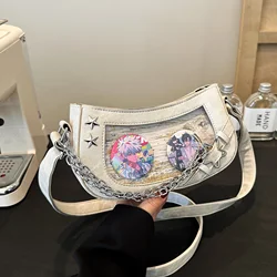 HAEX Y2K Women Ita Bags Fashion Punk Dazzling PU Crossbody Shoulder Bags Aesthetic Small Capacity Rivet Chains Badge Bolso Mujer