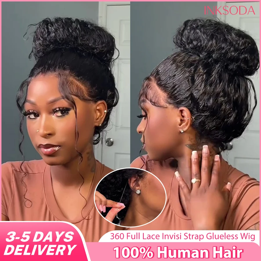 

360 HD Invisi Strap Full Lace Frontal Deep Wave Wig Black 100% Human Hair Drawstring Snug 220% Curly Wig Glueless 36 40 Inch