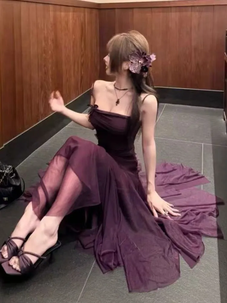 

Длинное женское платье Ele Purple Me Strap Dr с утягивающим эффектом на талии, с узлом, для отпуска, в стиле Princ Gown