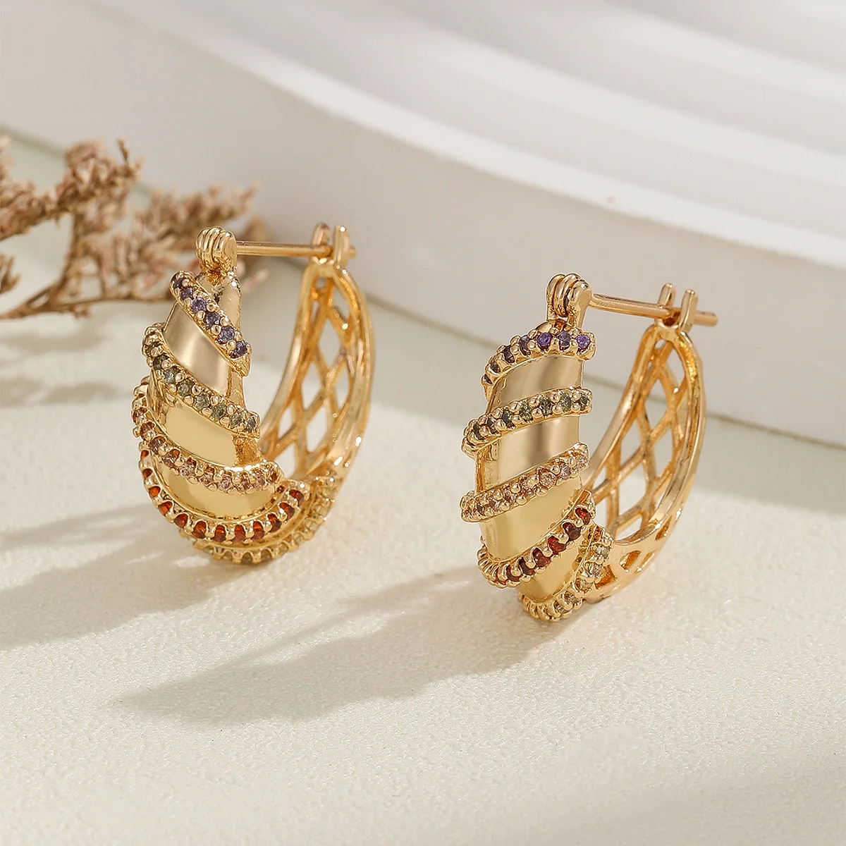 Color zirconium stud earrings medium antique thread small circle earrings high-end design earrings women's foreign trade wholesa