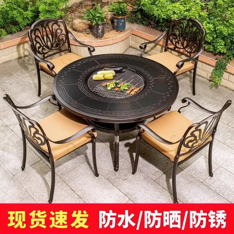 Outdoor Cast Aluminum Barbecue Table and Chairs Set Round Grill for Courtyard Balcony Household Commercial Use Full Set