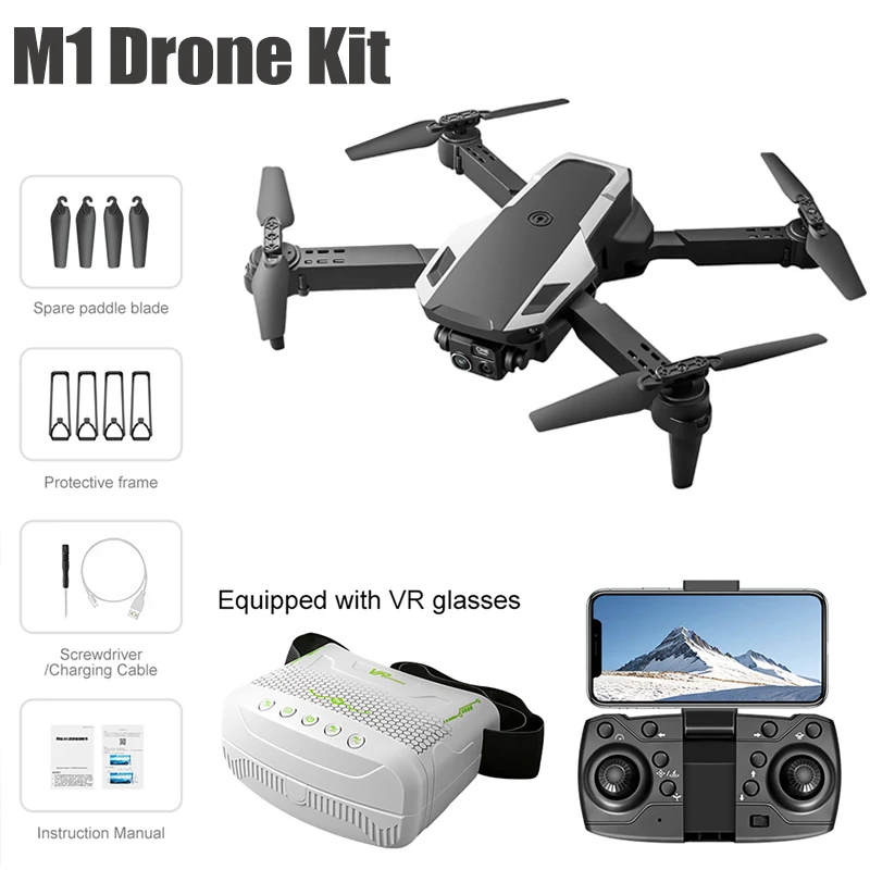 M1 Foldable Drone Kit with Remote Controller & VR Glasses 4K Dual Camera Adjustable Lens Aerial Photography RC Aerial Quadcopter