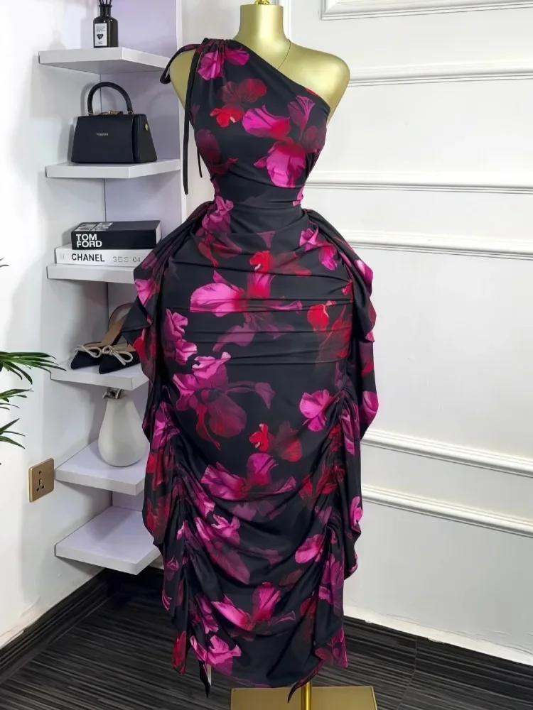 

Women Floral Printed One Shoulder Sleeveless Stacked Ruched Bodycon Midi Maxi Long Dress 2025 Sexy Party Evening Dresses