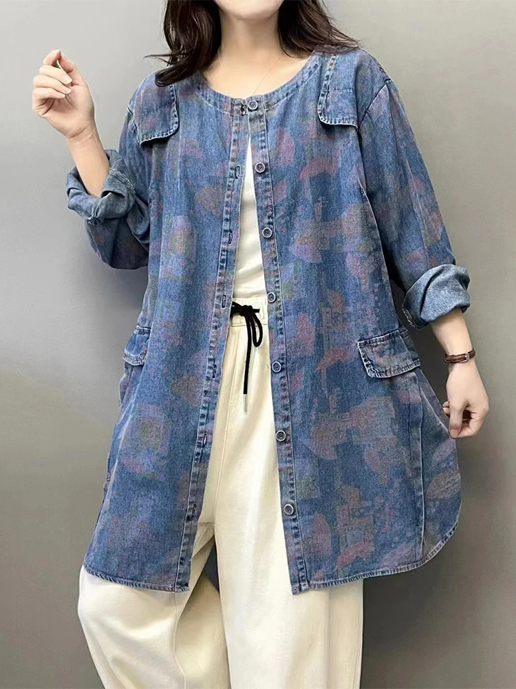 Max LuLu Spring Womens Fashion Denim Trench Ladies Casual Printed Vintage Windbreakers Loose O Neck Coats Classic Long Clothes