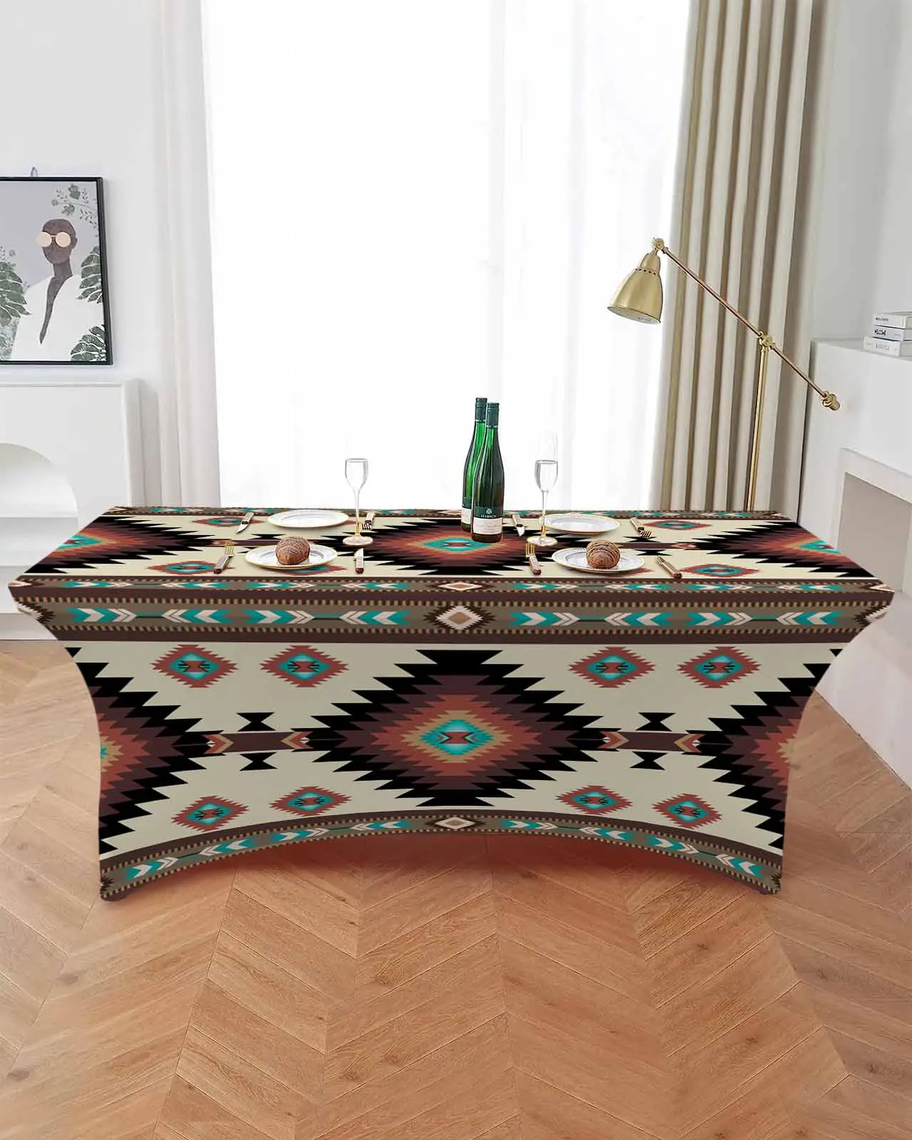 Brown Bohemian Geometric Rectangular Elastic Table Skirt Wedding Hotel Table Cover Holiday Dining Table Tablecloth