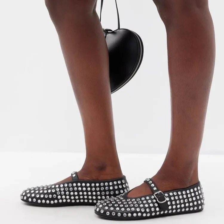 Sapatos únicos femininos com rebites de strass tamanho grande sapatos femininos cheio de diamante fivela de cinto dedo do pé redondo sapatos planos mulher