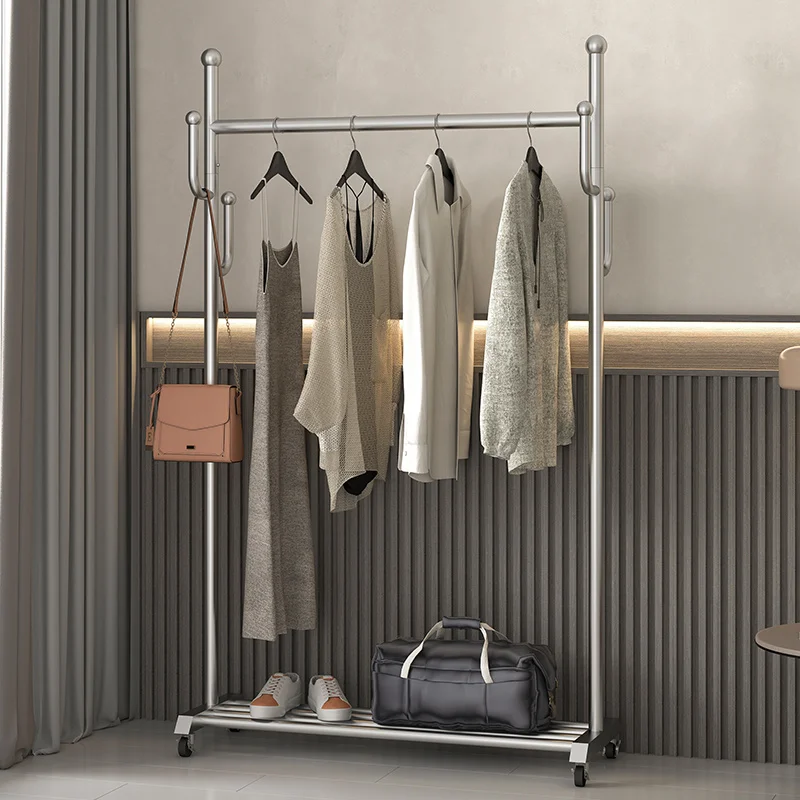 Custom Stainless Steel Clothes Floor Hanger Rack Bedroom Home Dormitory Balcony Drying Rack Mobile Coat Rack with Wheels
