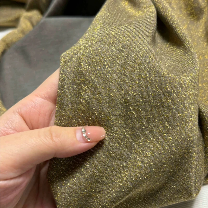 Pure Wool Knit Fabric Gold Metallic Glitter Stretch Soft Skin-Friendly Warm Breathable Cozy Base Layer Sweater Top DIY Sewing view 5
