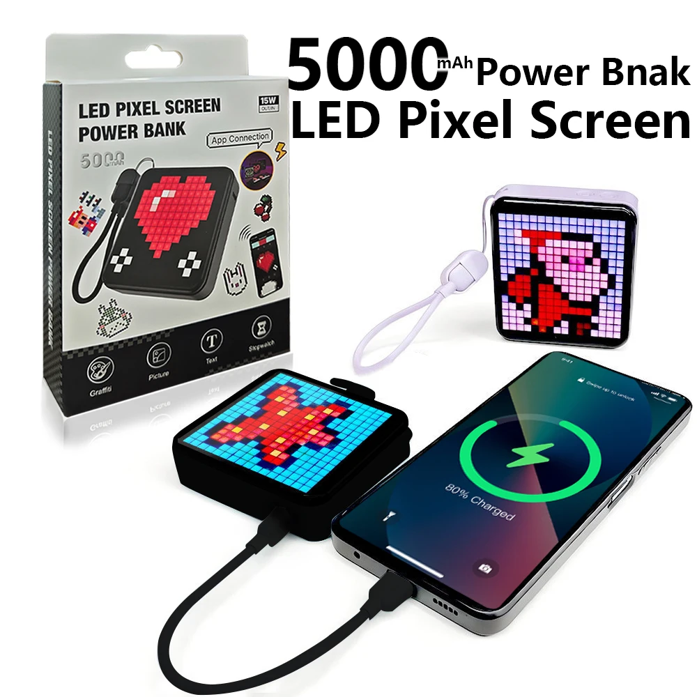 Smart 16*16 LED Pixel Screen with 5000mAh Bank Power,Pixel Light DIY Image Text,Bluetooth APP Control Portable Power Bank