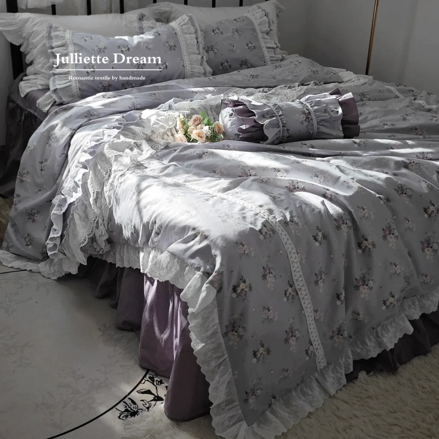 Romantic Fresh Floral Bedding Set, French Inspired Princess Style with Heavy Embroidered Lace Duvet Cover Set, Cotton Bed skirt