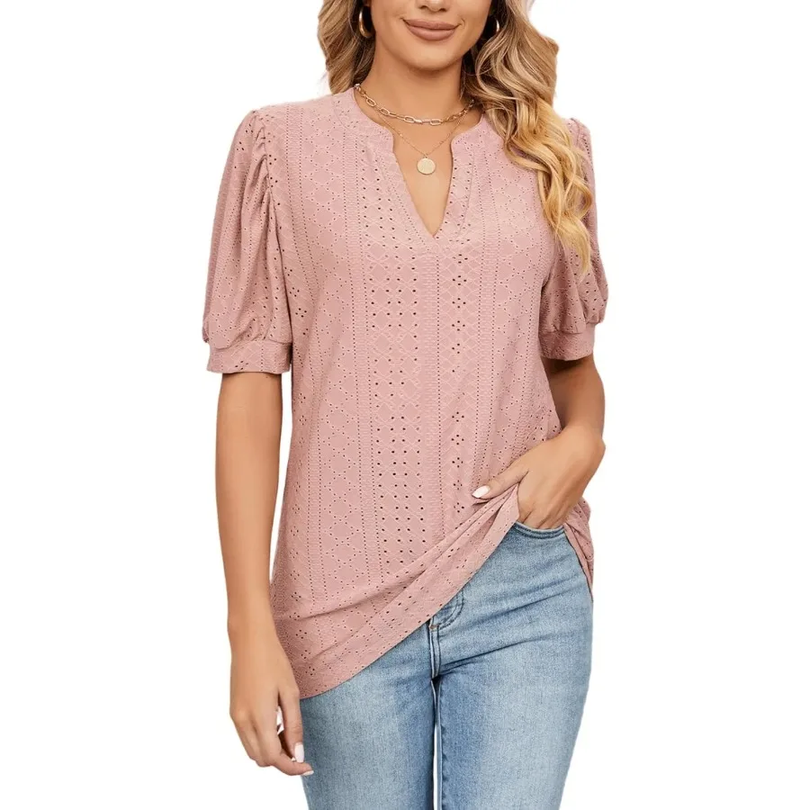 Women's Summer V Neck Ruffle Sleeve Short Sleeve Casual T-Shirt