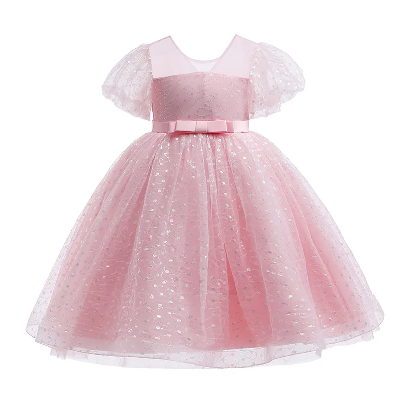 Girls\' dress princess skirt waist length sequin bubble sleeve host long wedding dress fluffy mesh princess dress