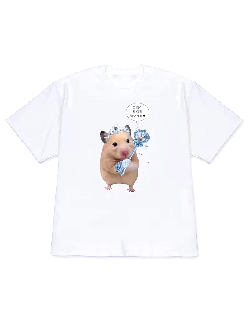 Women's Korean Drama T-Shirt Q. Did You Feel It Too Cute Hamster Graphic Casual Vintage Short Sleeve Top for Summer Y2k Clothing