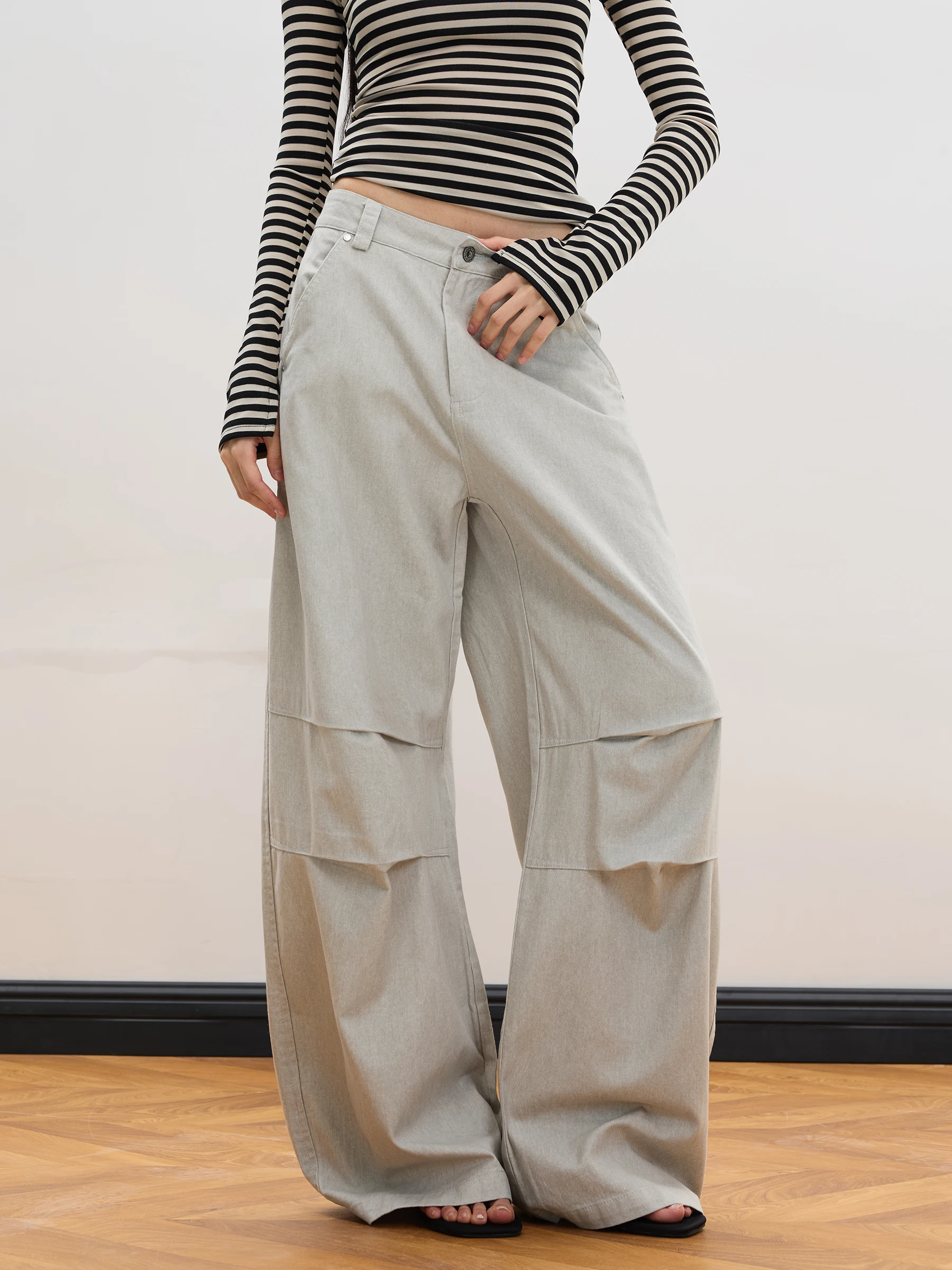 Junecut American Street Style Washed Pleated Multi-Pocket Work Pants Retro Loose Straight Casual Trousers for Women